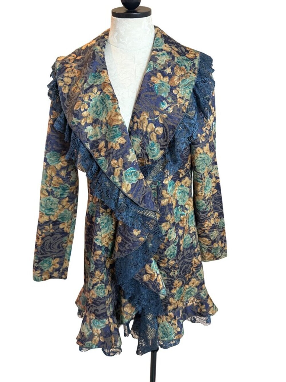 Rossi Roma Womens Floral Lace Coat Jacket Size Large Ruffle Trim Italian Vintage - Picture 1 of 13